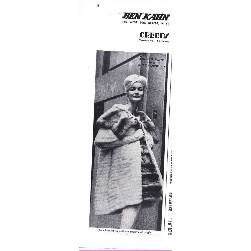 Ben Kahn Creeds Exquisite Ermine Empress Fur Coat ADVERT 1960s Vintage Print Ad